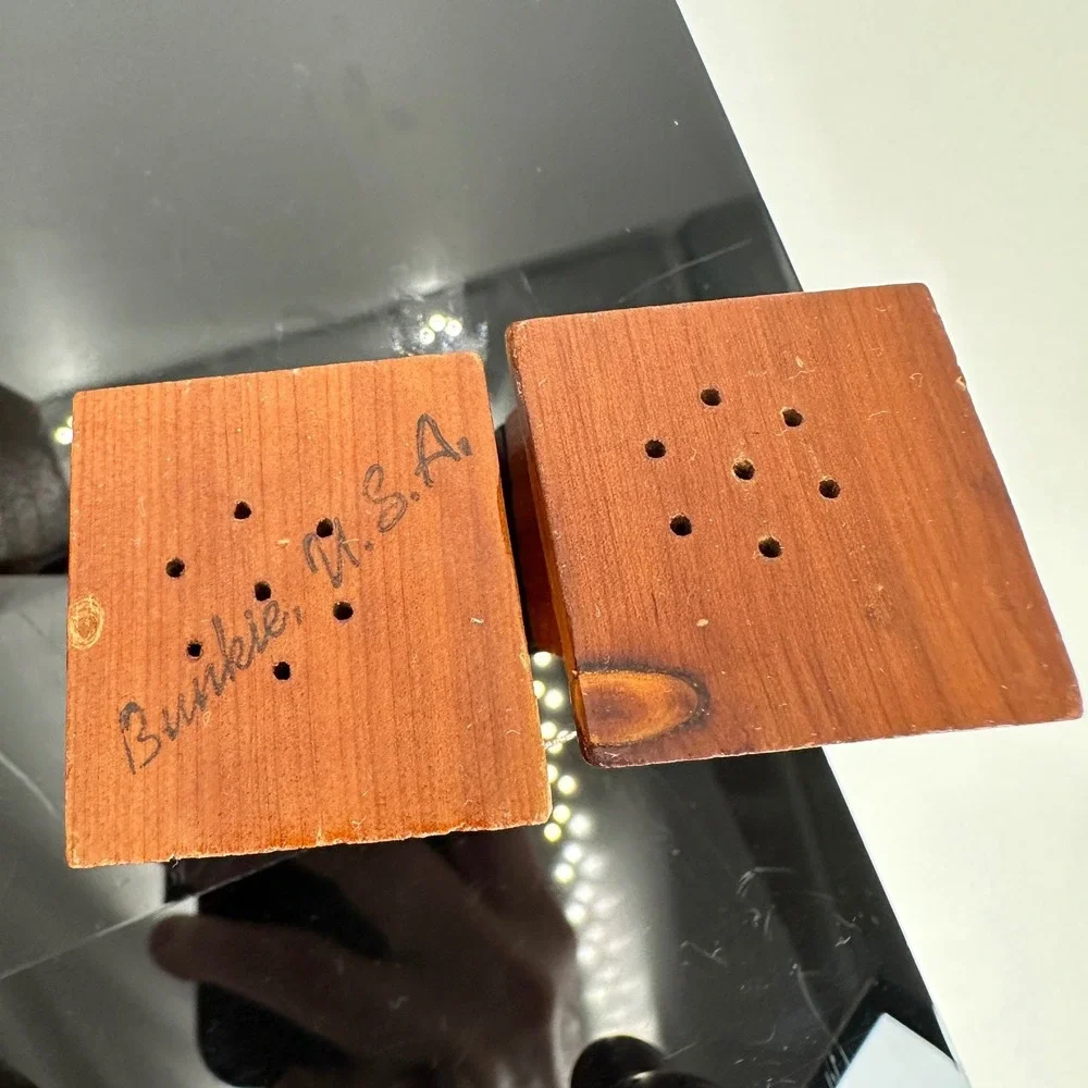 Vintage Salt Pepper Shaker Set Lot of 5 Wood Inlay Souvenir Novelty Rustic Mini